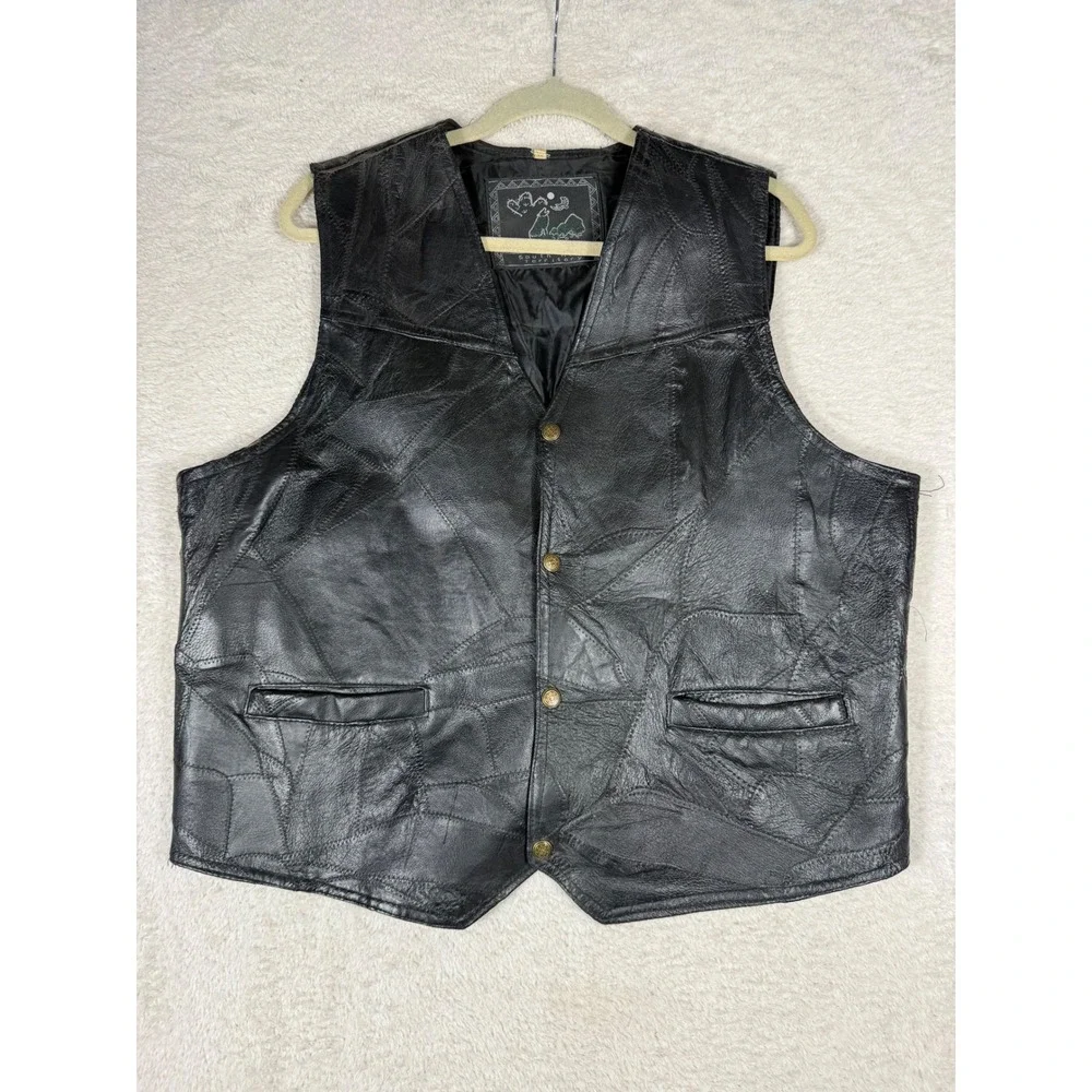 South Territory Patchwork Leather Vest Mens XL Black Good Biker Moto Rocker Vtg